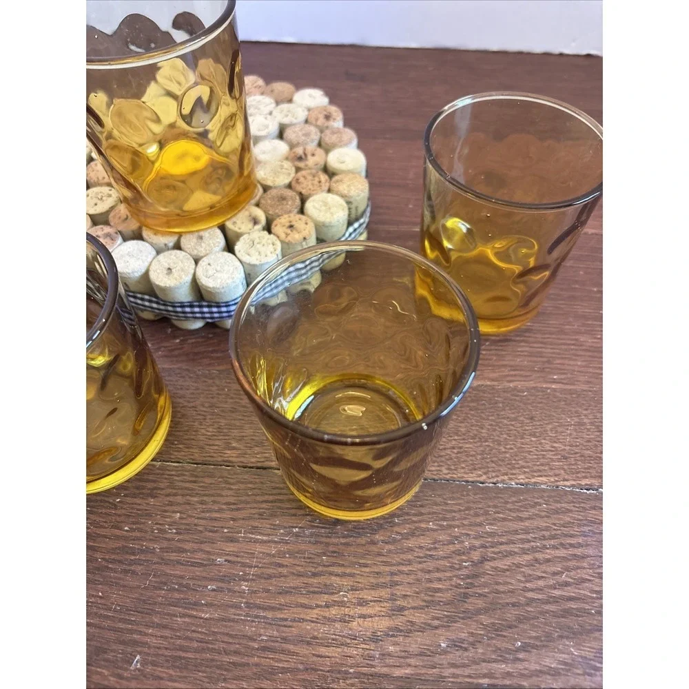 Set‎ of  4 - Vintage Hazel Atlas Eldorado Amber Coin Dot Glasses 6 OZ - 3.5 in